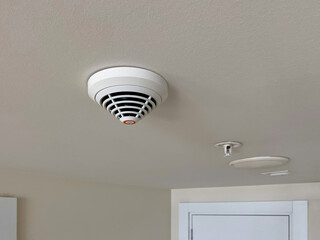 There is a fire and smoke detector installed on the ceiling.