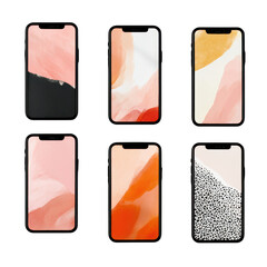 Collection of phone mockups with abstract screens isolated on transparent background