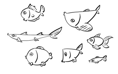 Ensemble de poissons drôles à colorier en noir et blanc