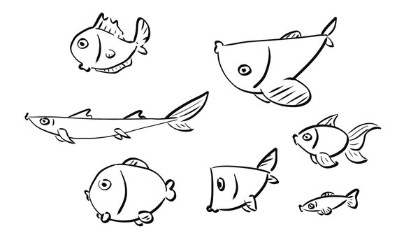 Ensemble de poissons dr&ocirc;les &agrave; colorier en noir et blanc