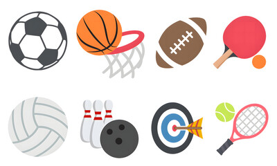 Fototapeta premium A collection of sports equipment illustrations, including a soccer ball, basketball, football, ping pong, volleyball, bowling, target, and tennis.