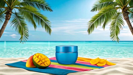 Fototapeta premium Blue cosmetic jar with mango on beach towel in tropical rain scene