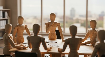 Wooden Figurines Business Meeting - Wooden figurines are arranged around a table, simulating a business meeting. The scene evokes collaboration and strategic planning