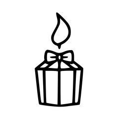 Simple black and white line art illustration of a gift box with a bow and a flame.