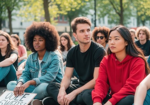 Diverse group of young protesters sitting peacefully in park gathering - Powered by Adobe