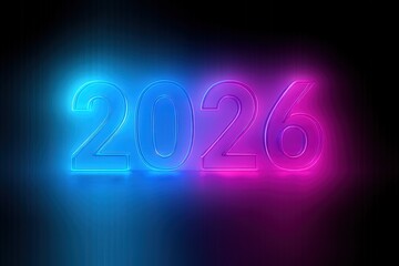 Neon blue and pink 2026 New Year glowing text on black background