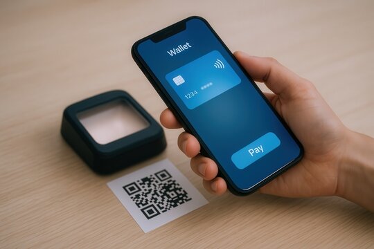 Contactless mobile payment via smartphone with QR code in modern retail setting
