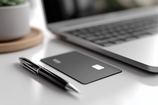 a matte black premium debit or credit card placed neatly next to a silver laptop and a black pen on a clean white desk, subtle reflections on the card’s surface, high-end and elegant.