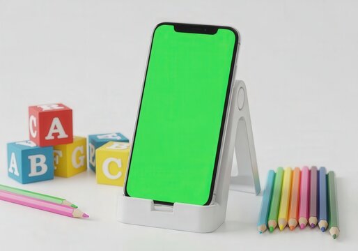 Smartphone with green screen on stand surrounded by colorful pencils and alphabet blocks