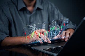 Financial market analysis stock charts and growing city skyline. business growth and investment success. Technology market recovery, and economic expansion. concept home and real estate.