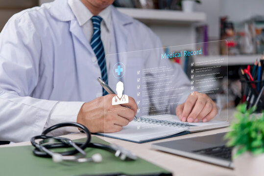 Physician at desk, viewing virtual medical history, concept of efficient hospital management, digital transformation in medicine, precise diagnosis, future of patient records.