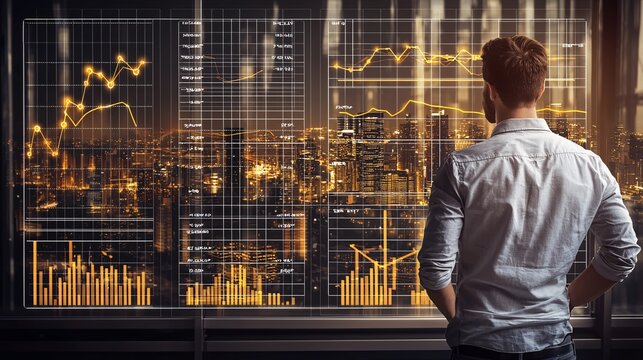 entrepreneur in casual attire looking at projected cost charts on transparent screen, city skyline in background, data overlay showing market share and competitor cost comparison entrepreneur 