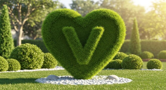 Heart shaped topiary with letter v carved into it in a garden isolated on white background