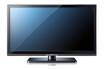A sleek, modern flatscreen television with a dark, reflective screen sits on its stand, isolated on a transparent background