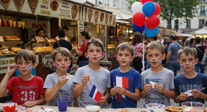 Celebrating Bastille Day A group of children embracing the 14 July holiday with French flags, face paint, and festive spirit. - Powered by Adobe