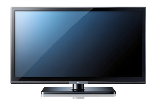 A sleek, modern flatscreen television with a dark, reflective screen sits on its stand, isolated on a transparent background