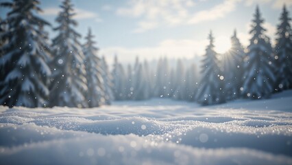"Serene Winter Landscape with Snowfall and Soft, Snowy Foreground"