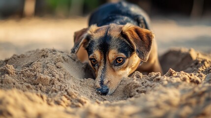 Dog investigating a sand dune.