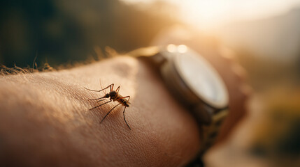 Obraz premium Close-up of mosquito on man's arm under sunset light 