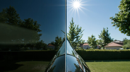 Innovative window combines privacy tint with transparent vision. Sunlight gleams on clear glass, reflecting trees and sky.