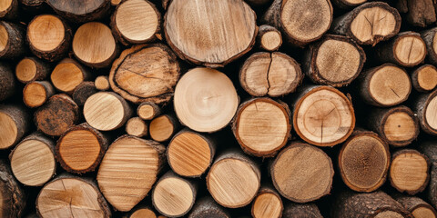Stacked timber logs display natural textures and patterns. A rustic and sustainable background.