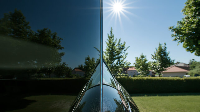 Innovative window combines privacy tint with transparent vision. Sunlight gleams on clear glass, reflecting trees and sky.