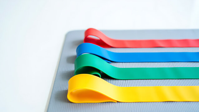 Colorful resistance bands arranged on a gray fitness mat for a workout session