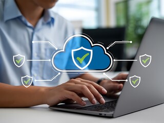 Person using laptop with cloud security icons technology cloud computing