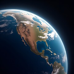 Earth and Moon viewed from space with blue oceans and continents under night sky light
