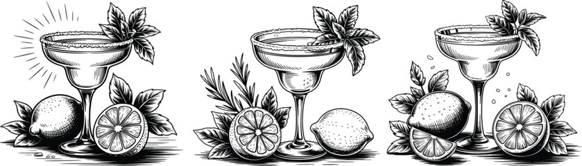 Margarita Cocktail Glasses with Citrus and Mint, Vintage Hand Drawn Drink Set.


