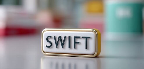 Gold-framed SWIFT logo on smooth surface with soft focus background