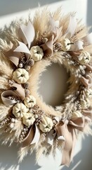 Neutral autumn pampas grass Halloween wreath with white pumpkins and beige ribbons