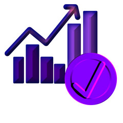 3D analytics chart with check mark icon in glowing purple style