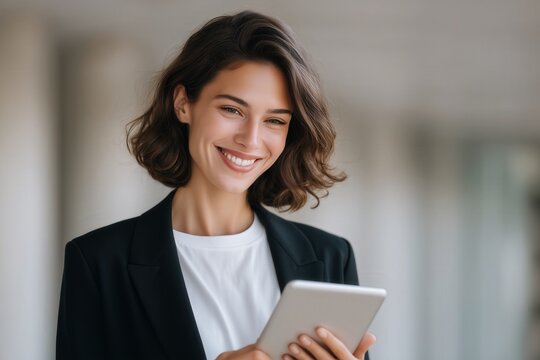 Smiling young woman using tablet in modern office setting