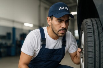 Focused Latino mechanic inspecting car tire for safety check in auto repair shop