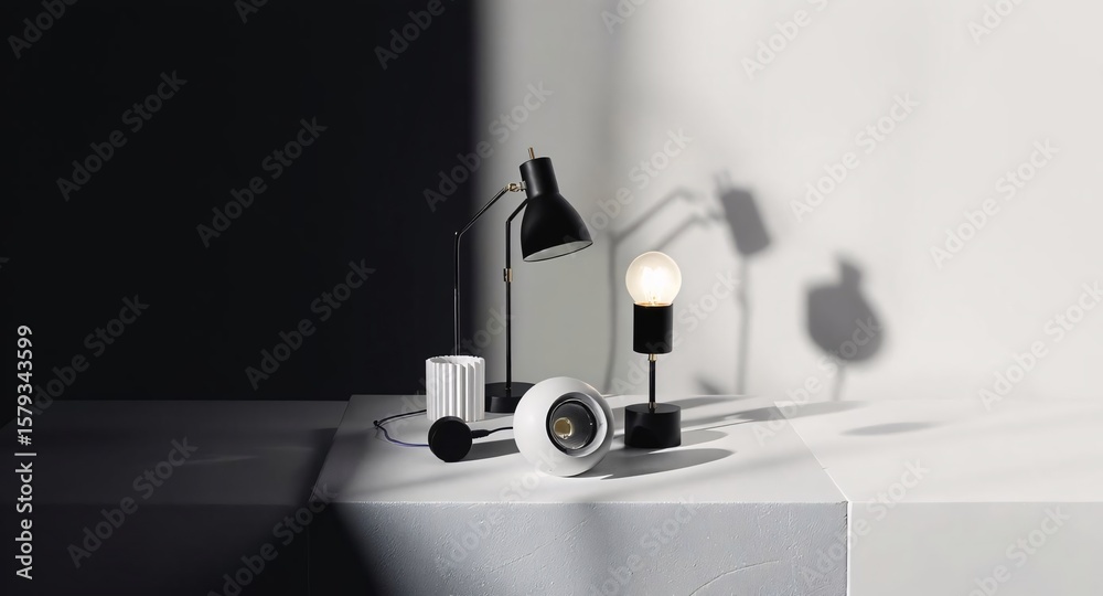 Fototapete Illuminated Still Life Exploring the interplay of light and shadow with minimalistic lamp designs on a white surface.