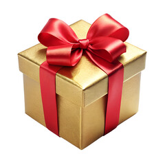 Obraz premium A luxurious golden gift box is adorned with a vibrant red ribbon and a perfect bow, isolated on transparent background