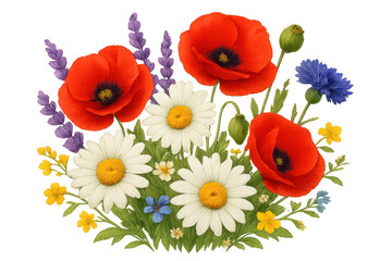 Obraz premium Colorful bouquet of wildflowers including poppies, daisies, lavender and cornflowers blooming on transparent background