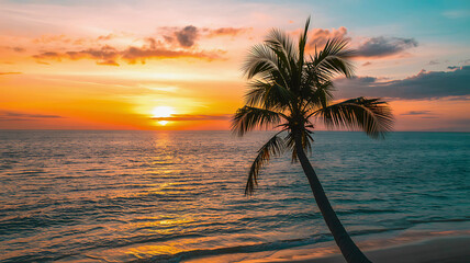 Beautiful coastal landscape with a lone palm tree on a sandy beach at golden sunset.