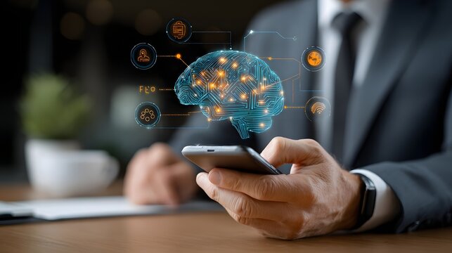 Businessman Using AI Technology on Smartphone for Innovative Solutions Connecting Brain Power with Digital Network and Global Communications - Powered by Adobe