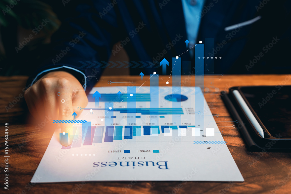 Poster business professional analyzing growth trends on a digital chart with overlay graphs and data analyt
