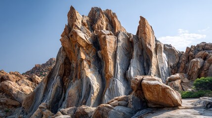 Strikingly textured rock formations against a clear sky.