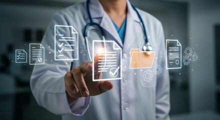 Medical professional in white coat interacting with holographic documents and folders showing checkmarks and gears
