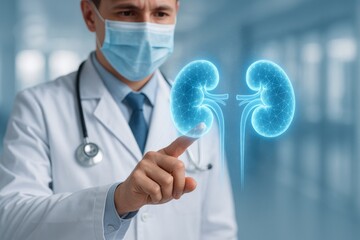 Medical professional in lab coat and mask interacting with holographic kidney display in hospital setting