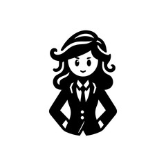 Stylized Businesswoman with Curly Hair and Confident Pose in Black and White.