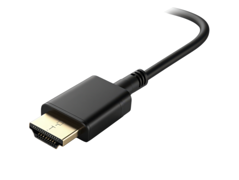 Gold plated H D M I connector and black cable isolated on a transparent background