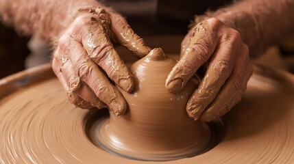 Hands shaping clay on a potter's wheel