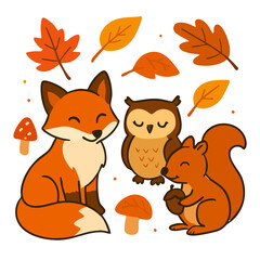 Fototapeta premium Funny Cartoon Foxes and Forest Animal Set Illustration