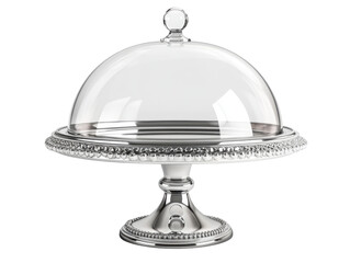 Ornate silver cake stand with glass dome isolated on a transparent background pedestal