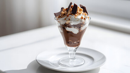 Elegant Chocolate Hazelnut Parfait in Glass Cup with Cream and Nuts on White Plate by Window Light